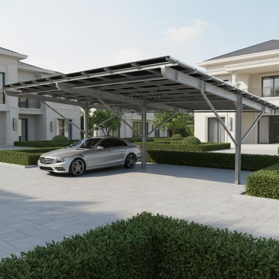 Strong carbon steel construction in a solar carport design for secure, sustainable parking Strong carbon steel construction in a solar carport design for secure, sustainable parking